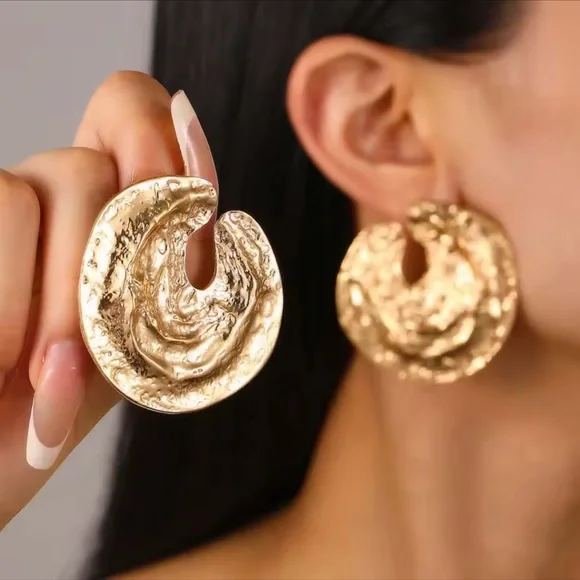 Large Textured Gold Statement Earrings – Hoops - Picture 2 of 10